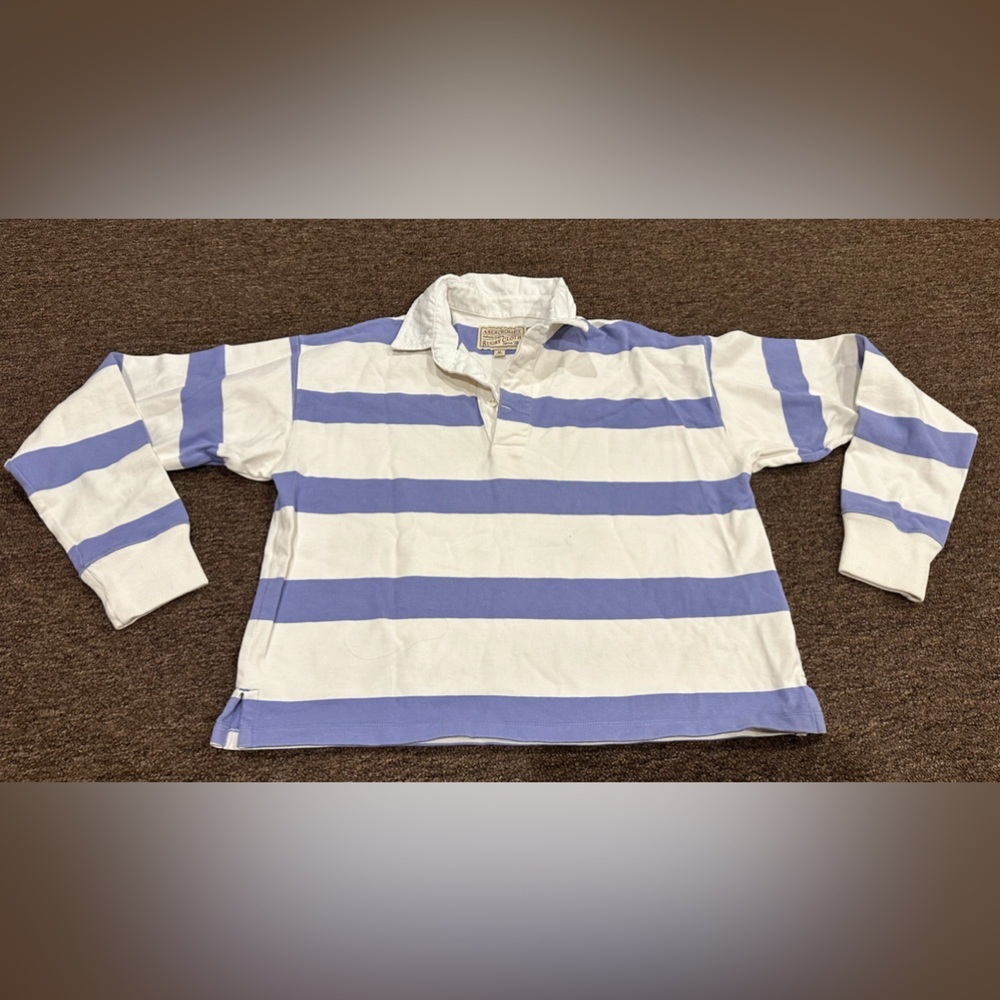 Vintage Abercrombie & Fitch White and Light Blue Striped Rugby Shirt